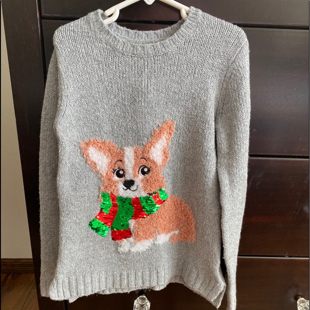 Girls Justice Gray Corgi Christmas Sweater 6/7